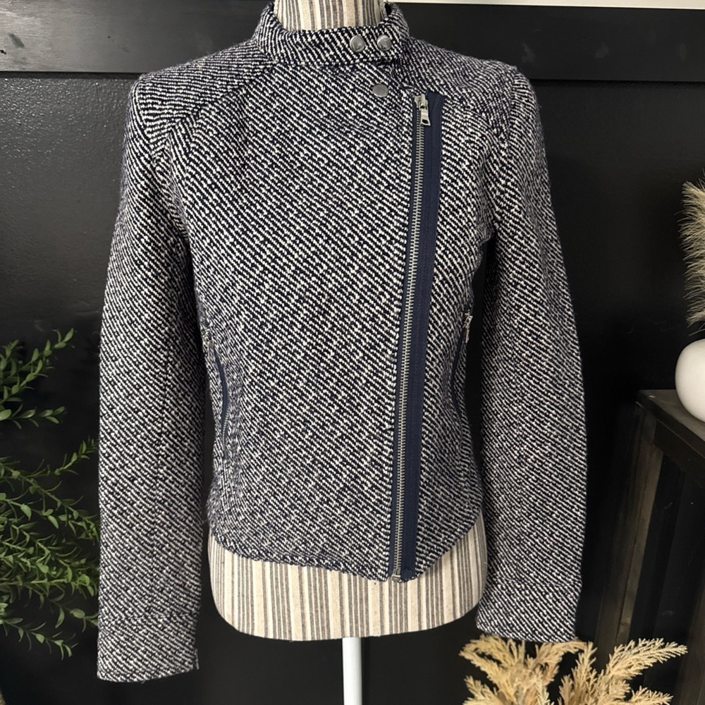 Gap Moto Jacket Tweed Preppy Academia Military Utility Blazer size XS Navy